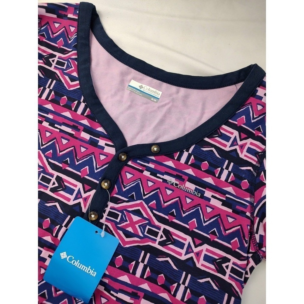 Columbia Womens Henley Top Pink Purple Geometric Tribal Print AK3596 Medium NEW